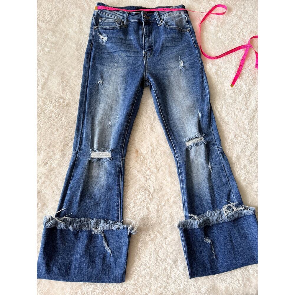 Risen Jeans 5/27 Distressed Flare Raw Hem Medium Wash Denim - Picture 2 of 9